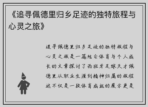 《追寻佩德里归乡足迹的独特旅程与心灵之旅》