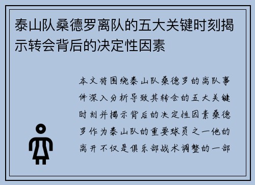 泰山队桑德罗离队的五大关键时刻揭示转会背后的决定性因素