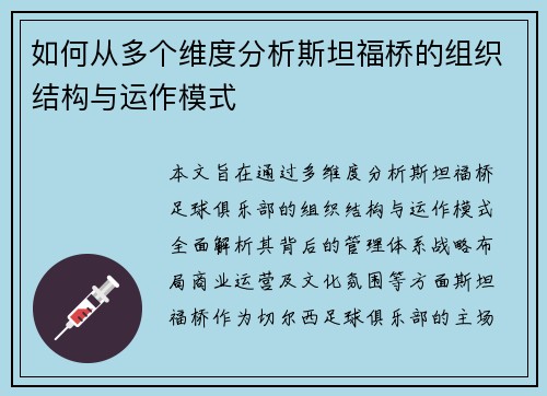 如何从多个维度分析斯坦福桥的组织结构与运作模式