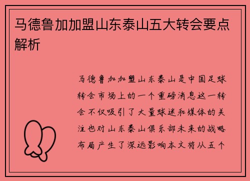 马德鲁加加盟山东泰山五大转会要点解析